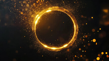 Circle frame with golden bokeh effect isolated on black background. Vector realistic illustration of round yellow border with shimmering particles and sparkles, reflection on floor, magic light effect