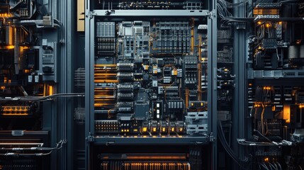 Detailed shot of an electrical cabinet with complex wiring and components, symbolizing the advanced infrastructure and technology crucial for efficient industrial manufacturing.