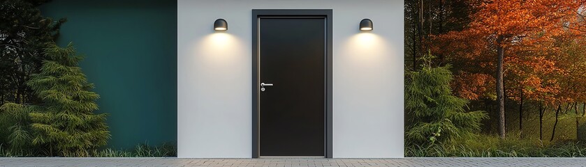 Modern entrance with a stylish black door, illuminated with warm lights. Surrounded by lush greenery and autumn foliage.