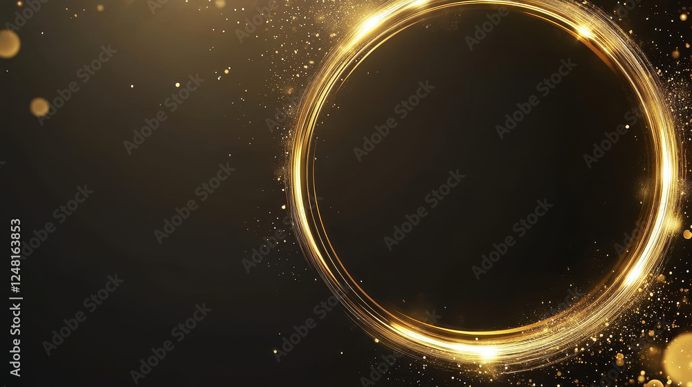 Poster circle frame with golden bokeh effect isolated on black background. vector realistic illustration of