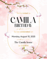 happy Birthday invitation card design pink background  template 