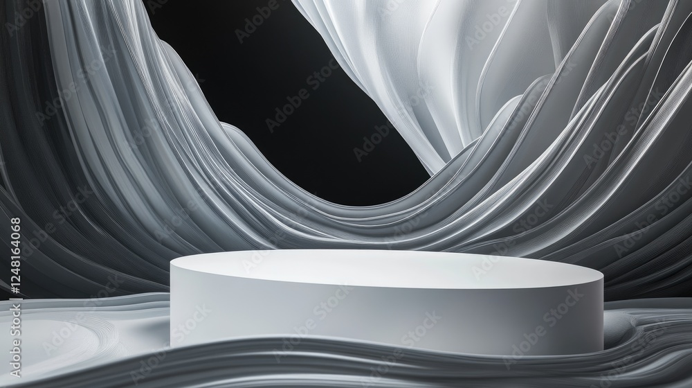 Poster empty product showcase featuring a white oval podium with abstract obsidian waves, highlighting eleg