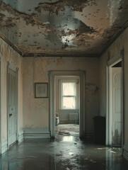 Abandoned, decaying house interior with peeling paint.