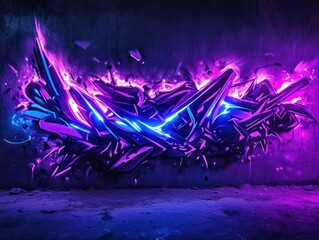 Fototapeta premium Glowing purple graffiti art on dark wall, urban background, for gaming or music visuals