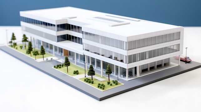 A small scale 3D model of a commercial building placed on a clean white backdrop highlighting the contemporary and sleek architectural design featuring a minimalist and sophisticated office layout
