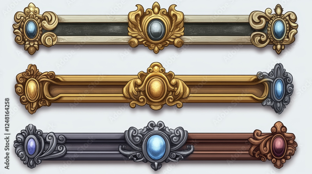 Poster game ui frames, gold silver copper medieval menu element, buttons or banners with ornate rims. empty