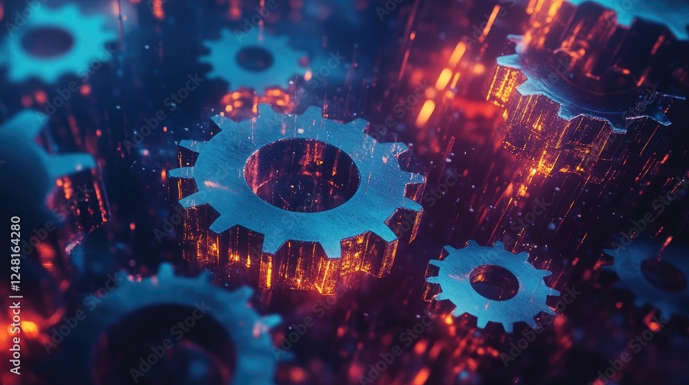 Poster floating gears rotating in unison, illustrating the collaboration between innovative startups and la
