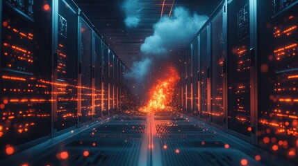 Obraz premium Flames and sparks erupting in a data center, smoke rising between server racks, depicting a critical system failure, overheating, and a cybersecurity crisis.