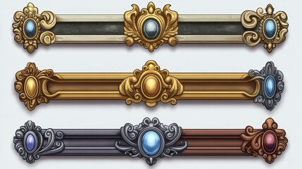 Game ui frames, gold silver copper medieval menu element, buttons or banners with ornate rims. Empty royal gui bars for rpg, arcade, glossy borders, web design interface Cartoon 2d vector illustration
