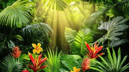Lush Tropical Rainforest with Vibrant Flowers and Sunlit Canopy