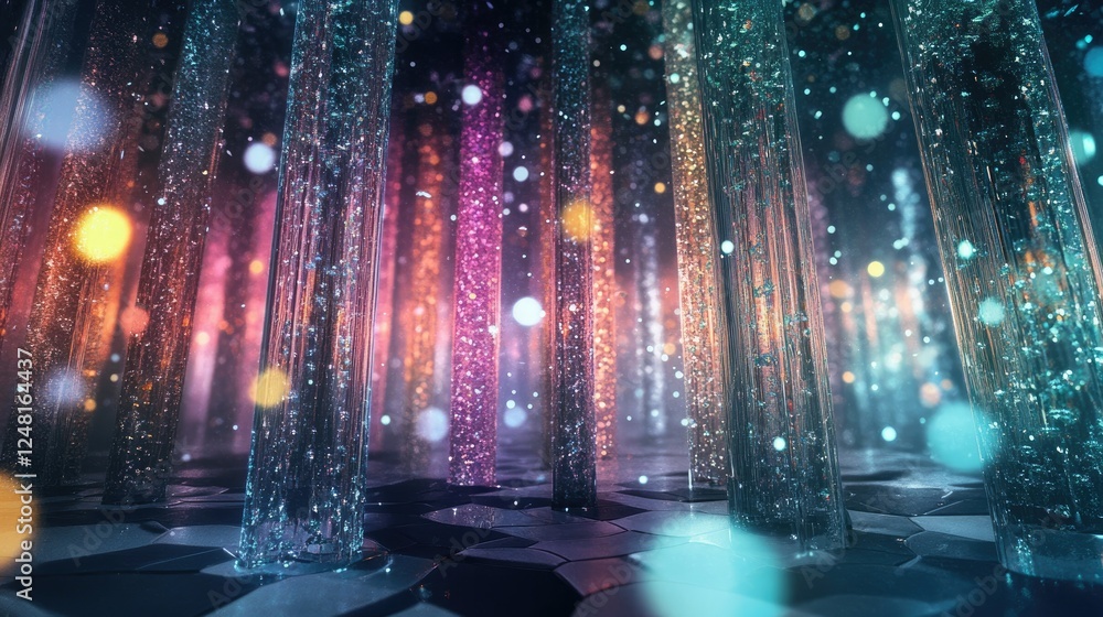 Poster abstract glowing columns with bokeh and light reflections