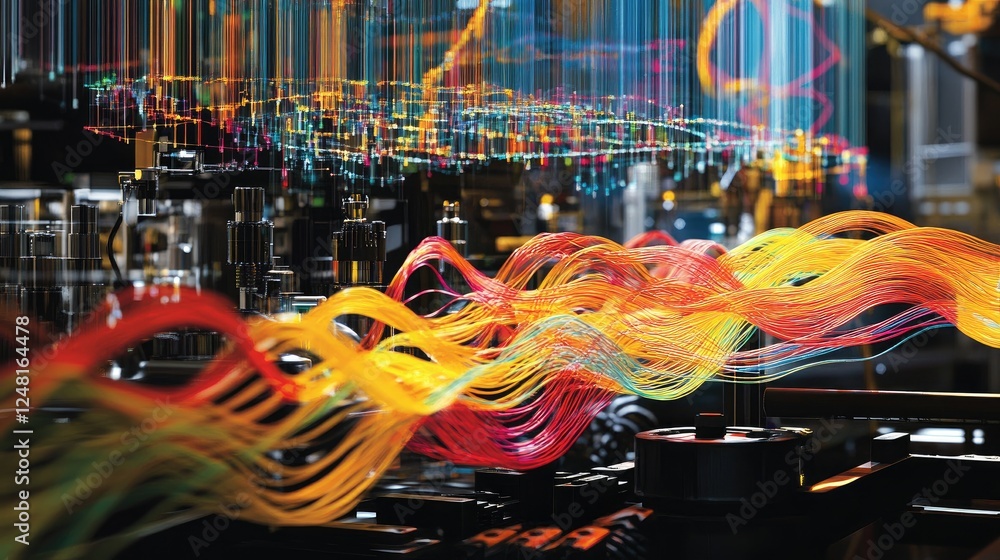 Aufkleber High-definition cables and connectors interlink machines, with colorful waveforms of data traffic above, emphasizing the importance of connectivity in industrial data systems.