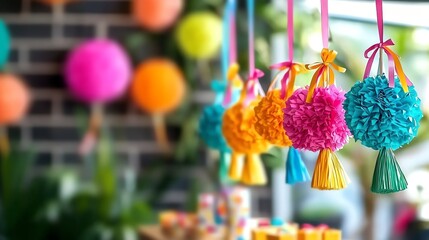Vibrant and festive decorative pom-poms in bright colors, perfect for celebrating joyful moments and creative events.