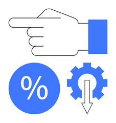 Hand pointing left, gear with downward arrow, and percentage symbol in blue. Ideal for financial analysis, business direction, efficiency, profitability, success indicators, investment and economic