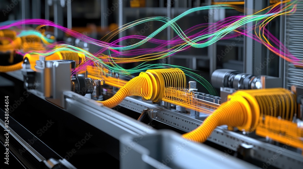 Aufkleber High-resolution cables and connectors link industrial machines, with dynamic waveforms of data traffic rendered as colorful lines above, visualizing communication in smart manufacturing.