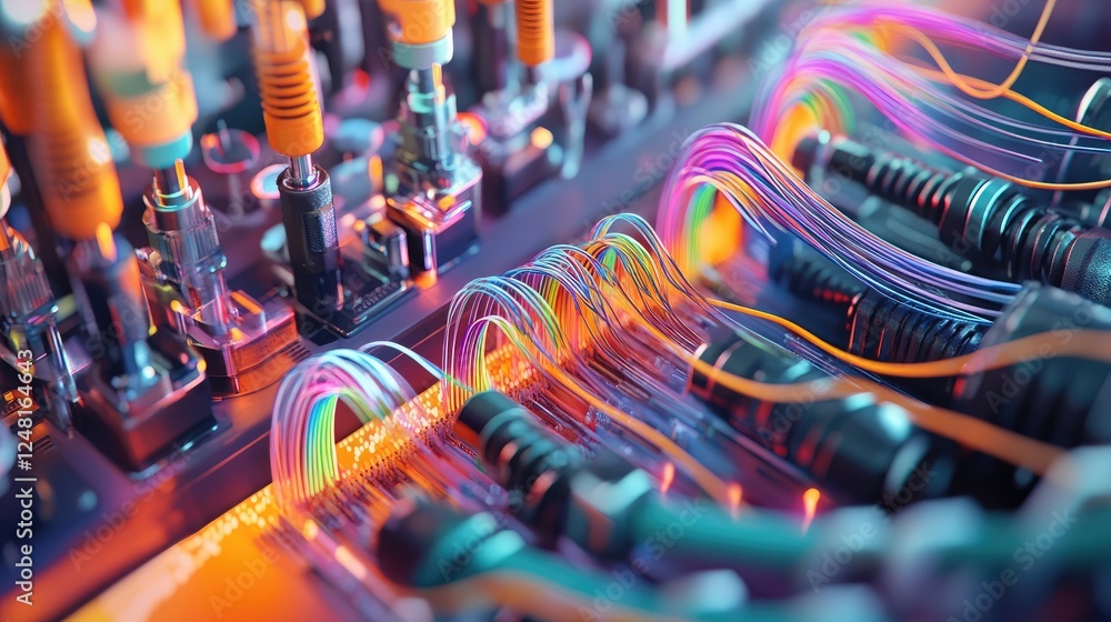 Poster High-resolution cables and connectors link machines, with colorful waveforms representing data traffic above, symbolizing the flow of information in industrial communication systems.