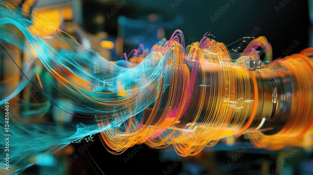 Poster High-resolution cables and connectors link industrial machines, with dynamic waveforms of data traffic rendered as colorful lines above, visualizing communication in smart manufacturing.