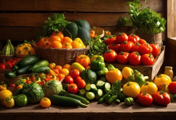 vibrant produce display featuring colorful fresh fruits vegetables showcasing bounty eye catching arrangement, organic, market, harvest, healthy, nutrition