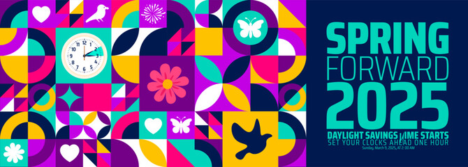 Spring Forward concept 2025 geometric shape pattern background or banner design. Daylight Saving Time Starts background with cartoon doodle style with funny clock flower.