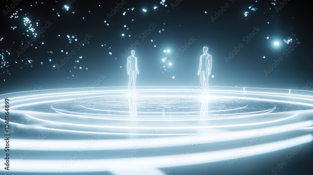Poster holographic figures in a luminescent circular arena engaging in debates, representing the future of 