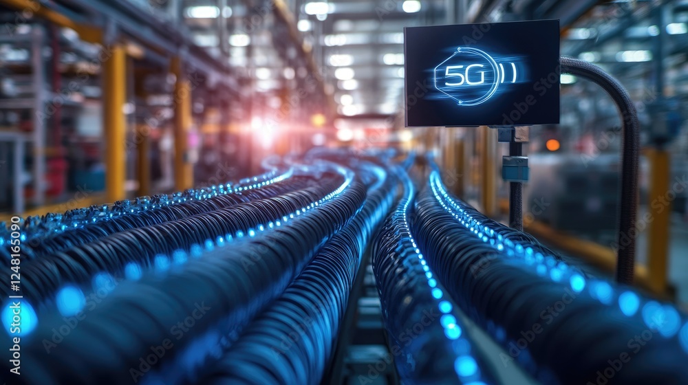 Poster network cables and a 5g antenna inside a factory, magnified to highlight the infrastructure crucial 