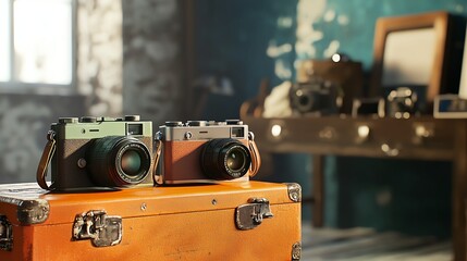 Vintage cameras displayed on a suitcase, capturing the essence of nostalgia and passion for photography in a rustic setting.