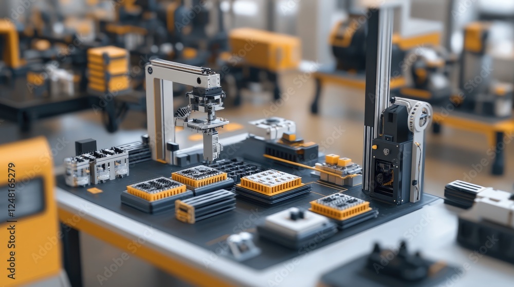 Poster Overhead perspective of a microfactory assembly line, where 3D-printed components are carefully arranged, with machinery in the background designed for adaptable production processes.
