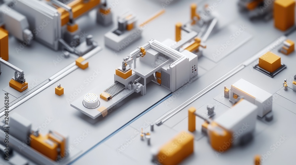 Poster Overhead perspective of a microfactory assembly line, where 3D-printed components are carefully arranged, with machinery in the background designed for adaptable production processes.