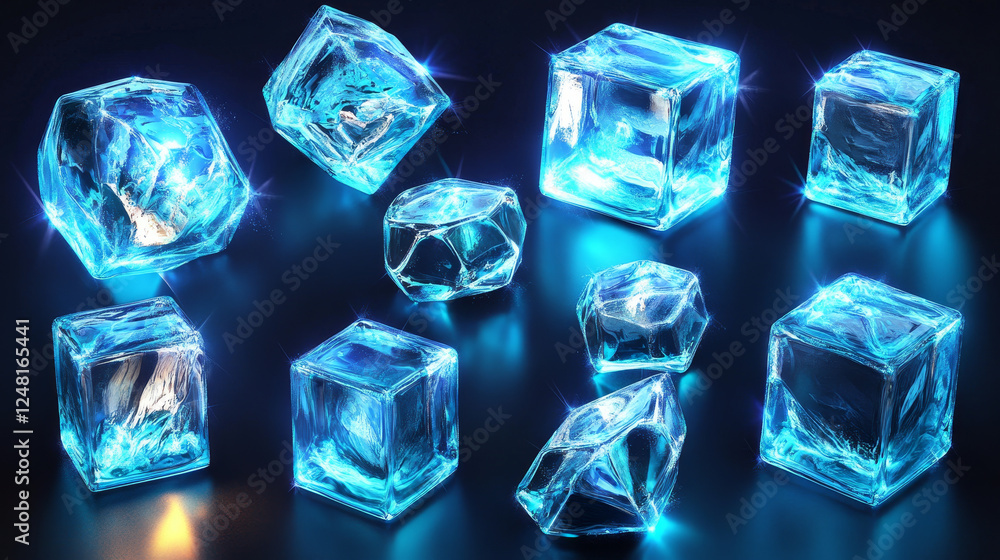 Poster transparent ice cubes with glowing blue edges at different angles. realistic 3d vector set of frozen