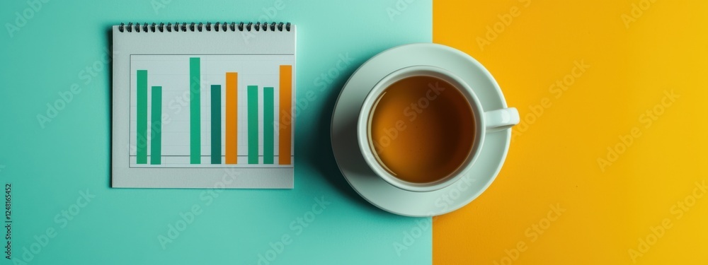 Aufkleber business workspace with bar graph notebook and coffee cup on colorful background for productivity an