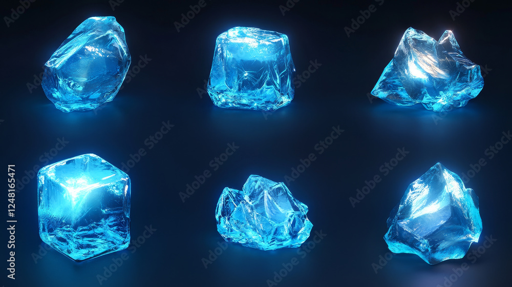 Poster transparent ice cubes with glowing blue edges at different angles. realistic 3d vector set of frozen