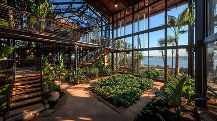 Fototapeta premium Sunlit indoor garden with tropical plants and large glass windows overlooking a scenic view.