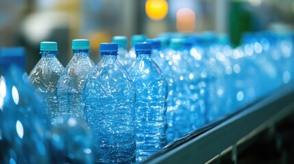 Plastic bottles on a conveyor belt inside a recycling plant are processed for reuse, highlighting the importance of recycling and sustainability in modern manufacturing.