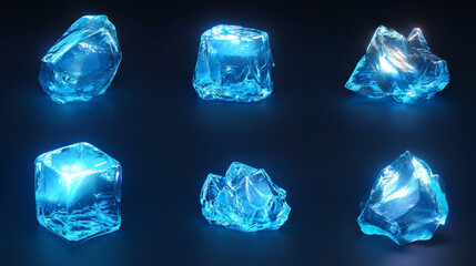 Obraz premium Transparent ice cubes with glowing blue edges at different angles. Realistic 3d vector set of frozen blocks with light refraction and glossy surface. Crystal clear elements for beverage or cooling.