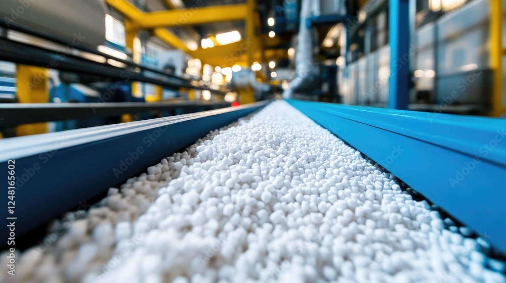 Poster plastic granules are being processed and transported on a conveyor belt in a factory, highlighting t