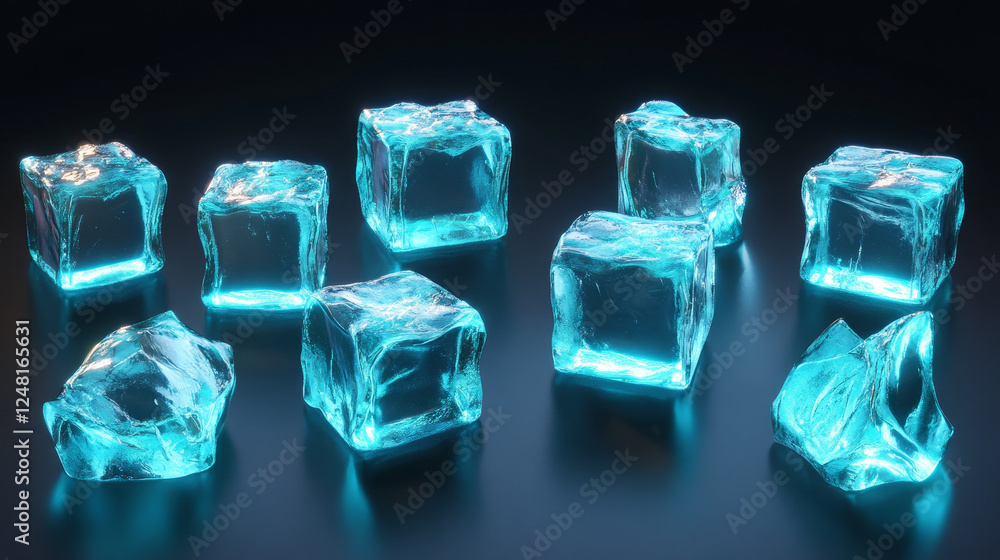 Poster transparent ice cubes with glowing blue edges at different angles. realistic 3d vector set of frozen