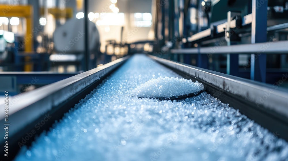 Poster plastic granules are being processed and transported on a conveyor belt in a factory, highlighting t