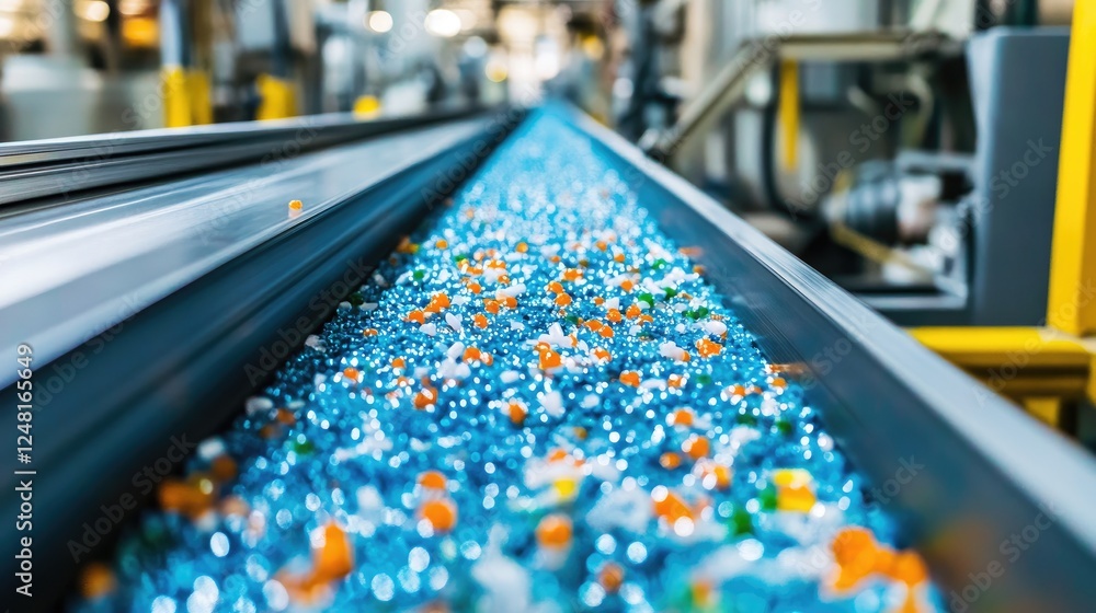 Poster plastic granules are being processed and transported on a conveyor belt in a factory, highlighting t