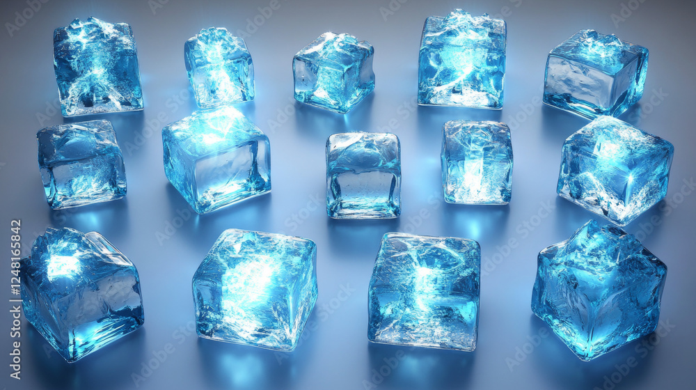 Poster transparent ice cubes with glowing blue edges at different angles. realistic 3d vector set of frozen