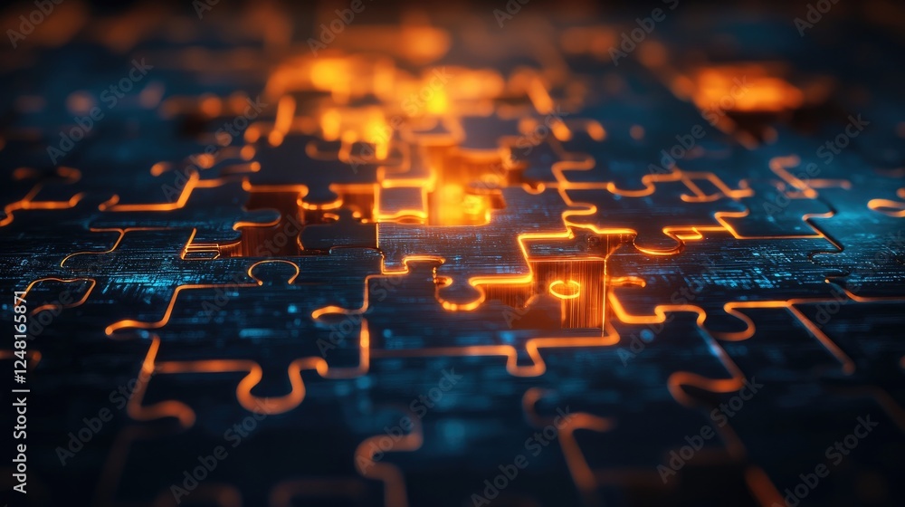 Poster puzzle pieces glowing and connecting in a futuristic setting, symbolizing the power of collaboration