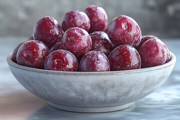 Bowl of Glossy Red Plums on a Light Marble Surface