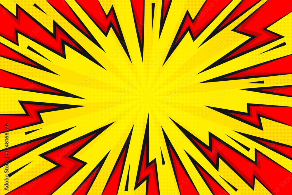 Poster lightning power cartoon vector background. thunder bold abstract burst with halftone effect. comic b
