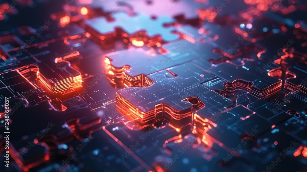 Poster Puzzle pieces glowing and connecting in a high-tech environment, representing collaboration, global communication, and the technological advancements enabling innovative solutions.