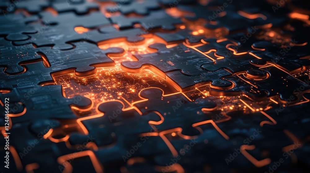 Poster Puzzle pieces interlock to form a glowing, complex network, with illuminated connections symbolizing problem-solving, technological innovation, and future-driven solutions.