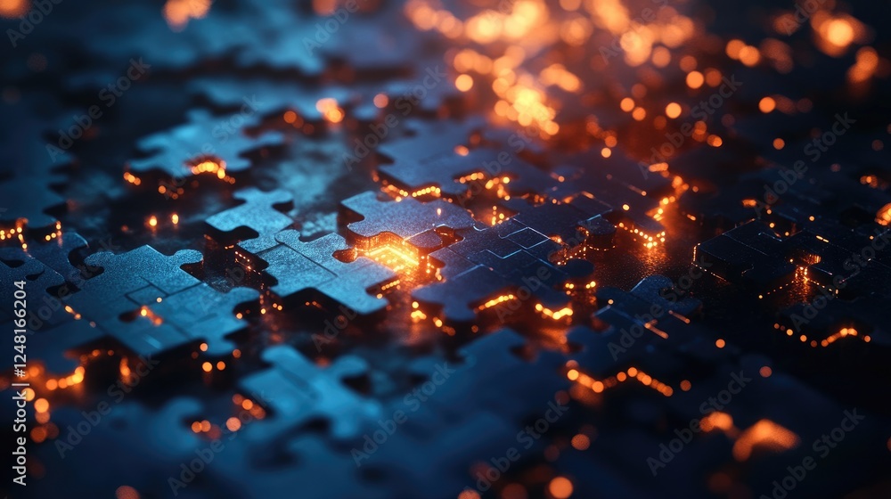 Poster Puzzle pieces interlock to form a glowing, complex network, with illuminated connections symbolizing problem-solving, technological innovation, and future-driven solutions.