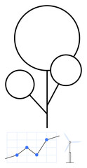 Minimal abstract tree lines, growth chart with data points, wind turbine. Ideal for sustainability, nature, renewable energy, economic growth, innovation, eco-tech abstract line flat metaphor