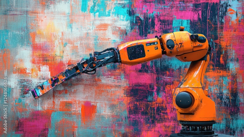 Poster robotic arm painting vibrant abstract artwork on canvas, blending technology with creativity, symbol