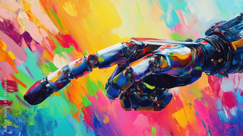 Poster robotic arm painting vibrant abstract artwork on canvas, blending technology with creativity, symbol