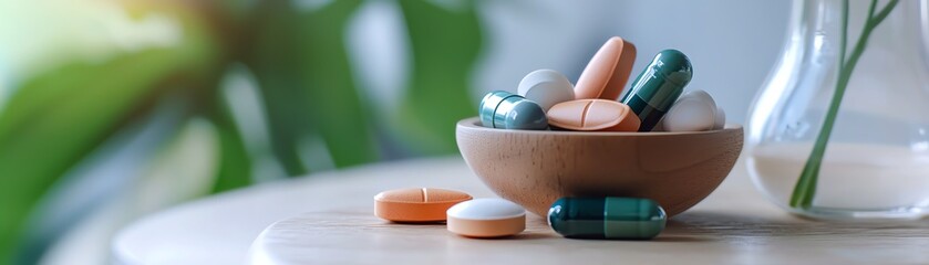 A close-up view of colorful capsules and pills in a wooden bowl, symbolizing health and wellness on a serene tabletop.