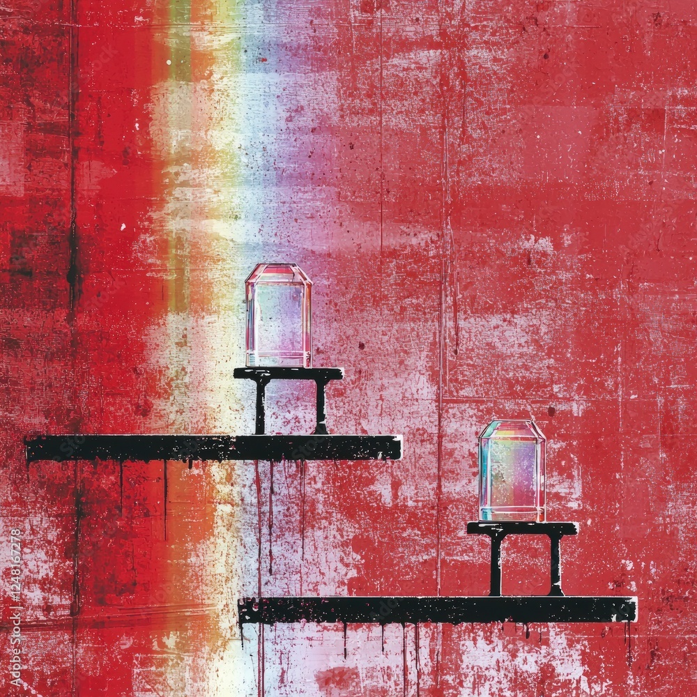 Poster abstract geometric design with red background and can shaped objects